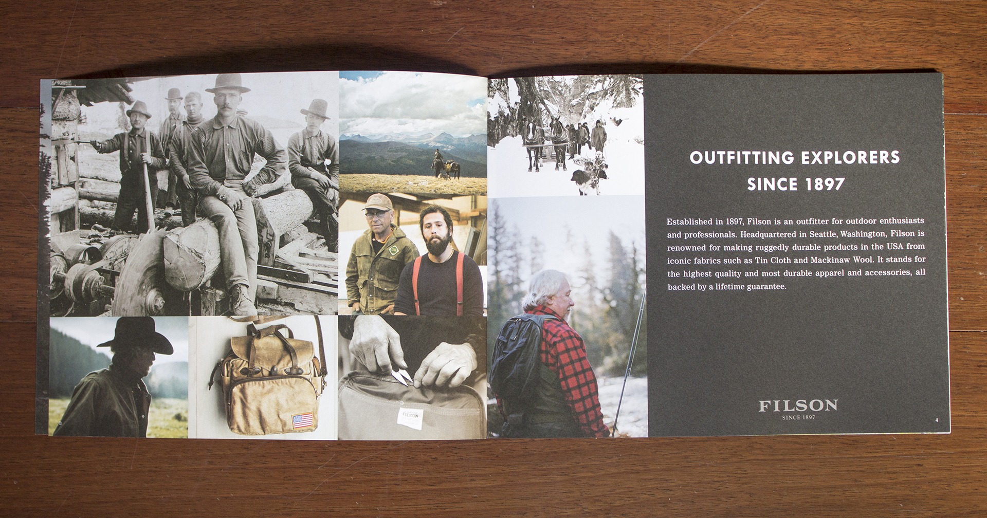 An open Filson brochure with photography and type