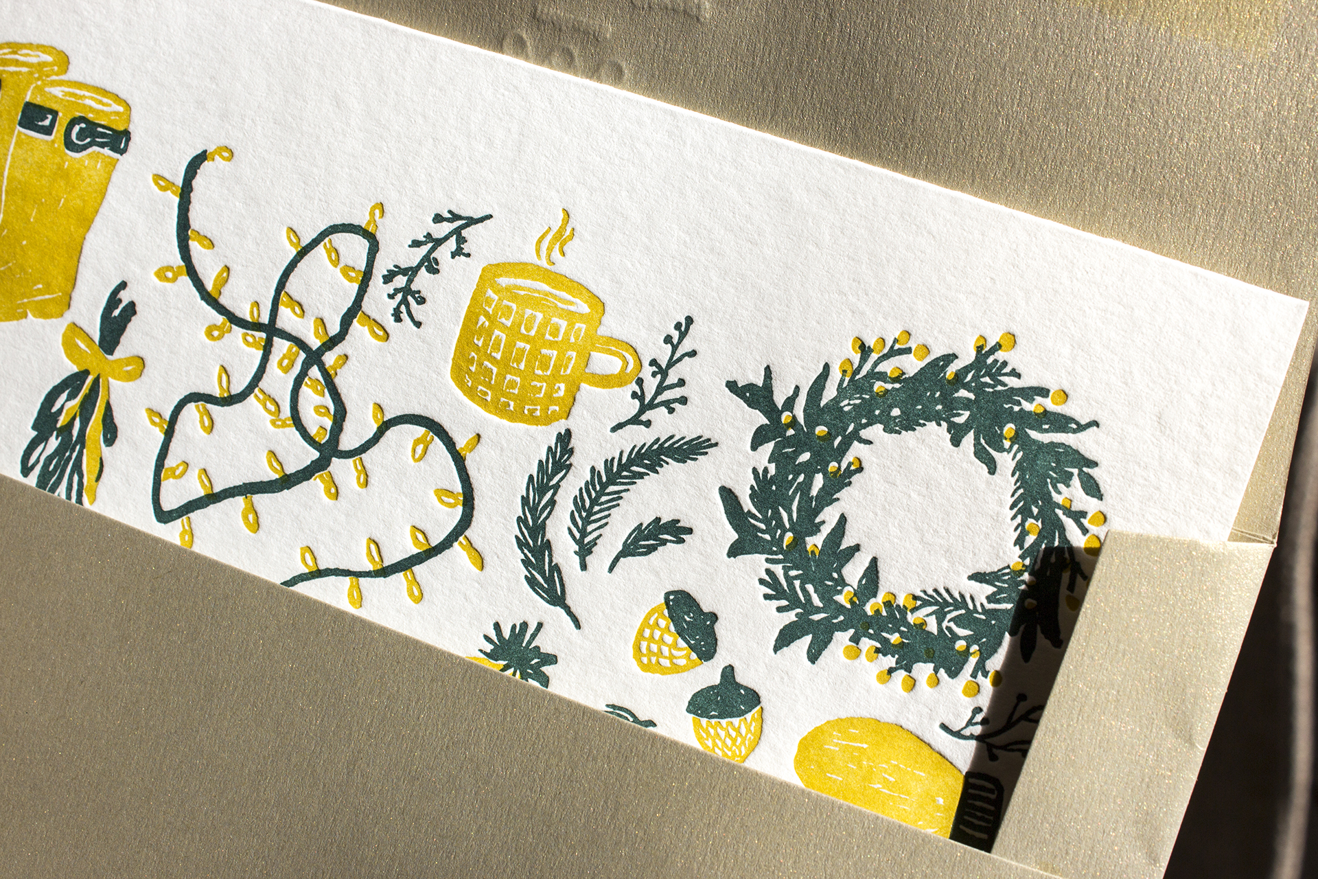Close-up of a holiday card in an envelope