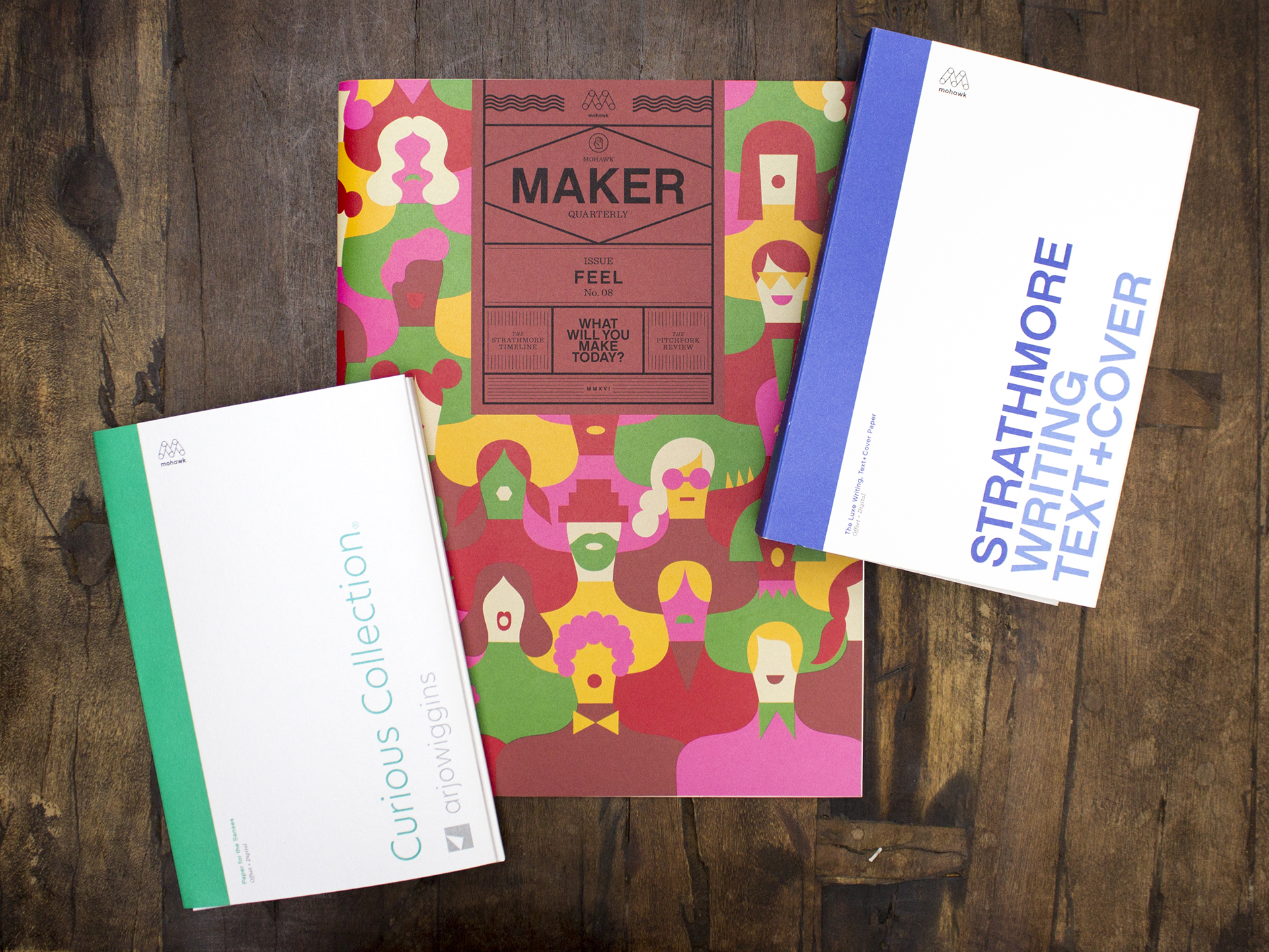 MAker Quarterly and Mohawk swatchbooks arranged together