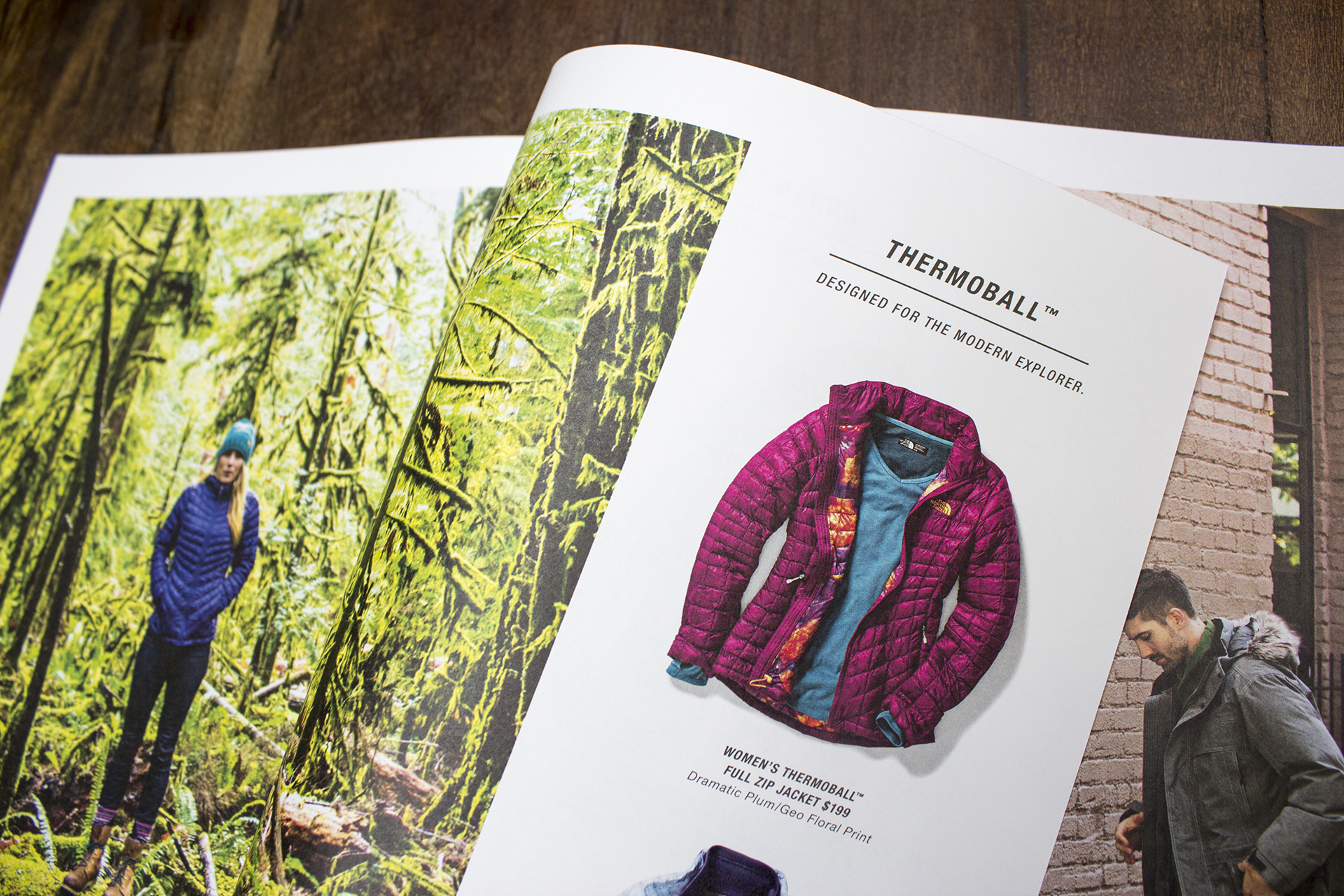 Pages of The North Face catalog showing product photography and lifestyle photography together