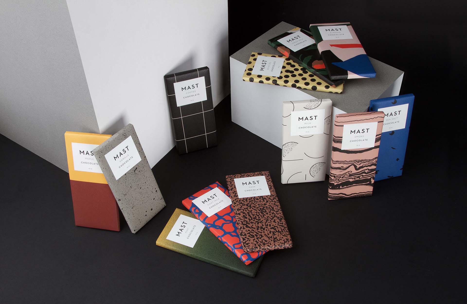 An arrangement of chocolate bars by Mast Bros