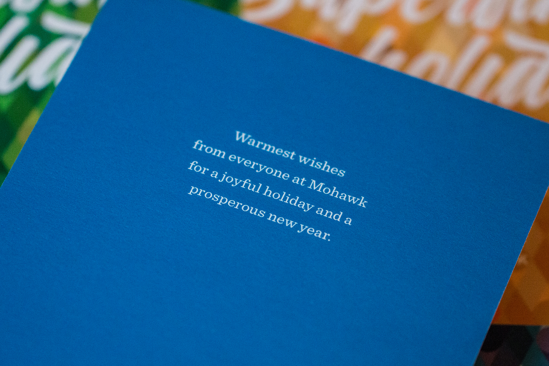 Close-up of inner message from the blue holiday card