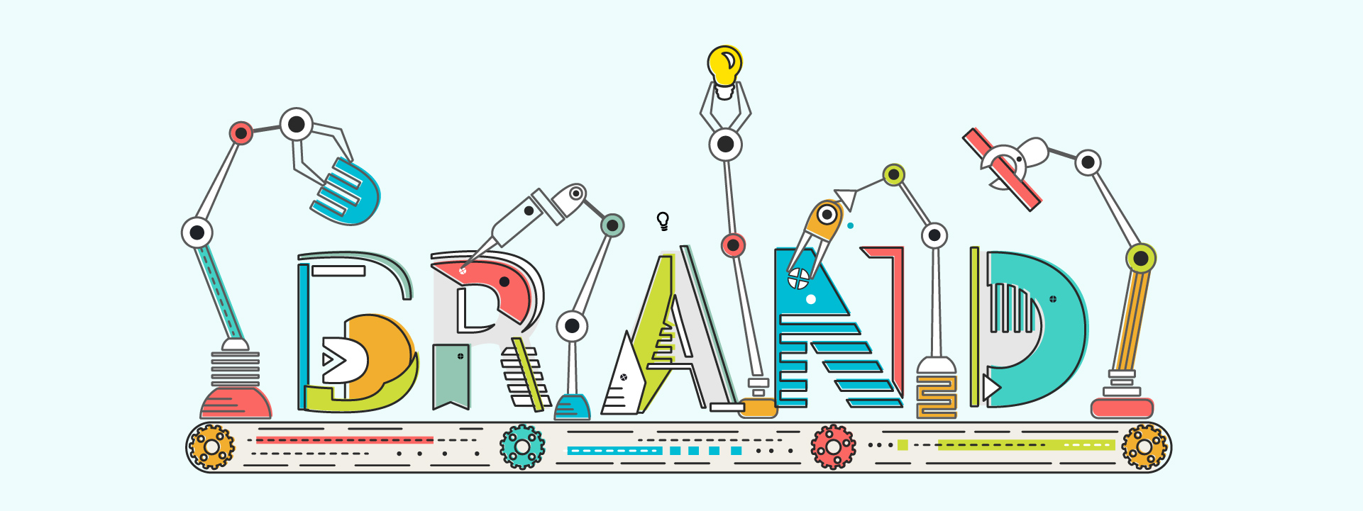 illustration showing the word "brand" made out of beakers and test tubes