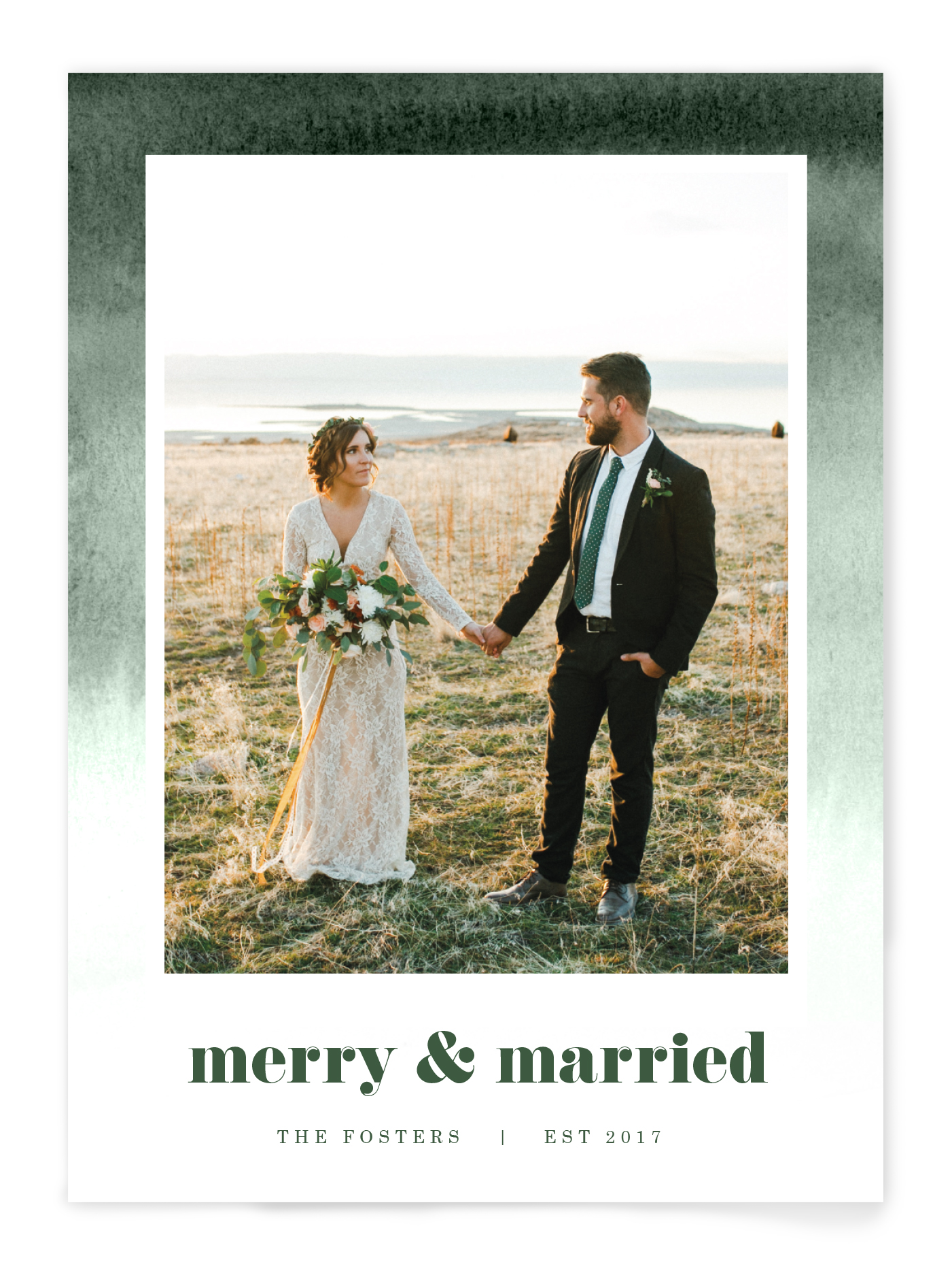 A combination holiday card and wedding announcement