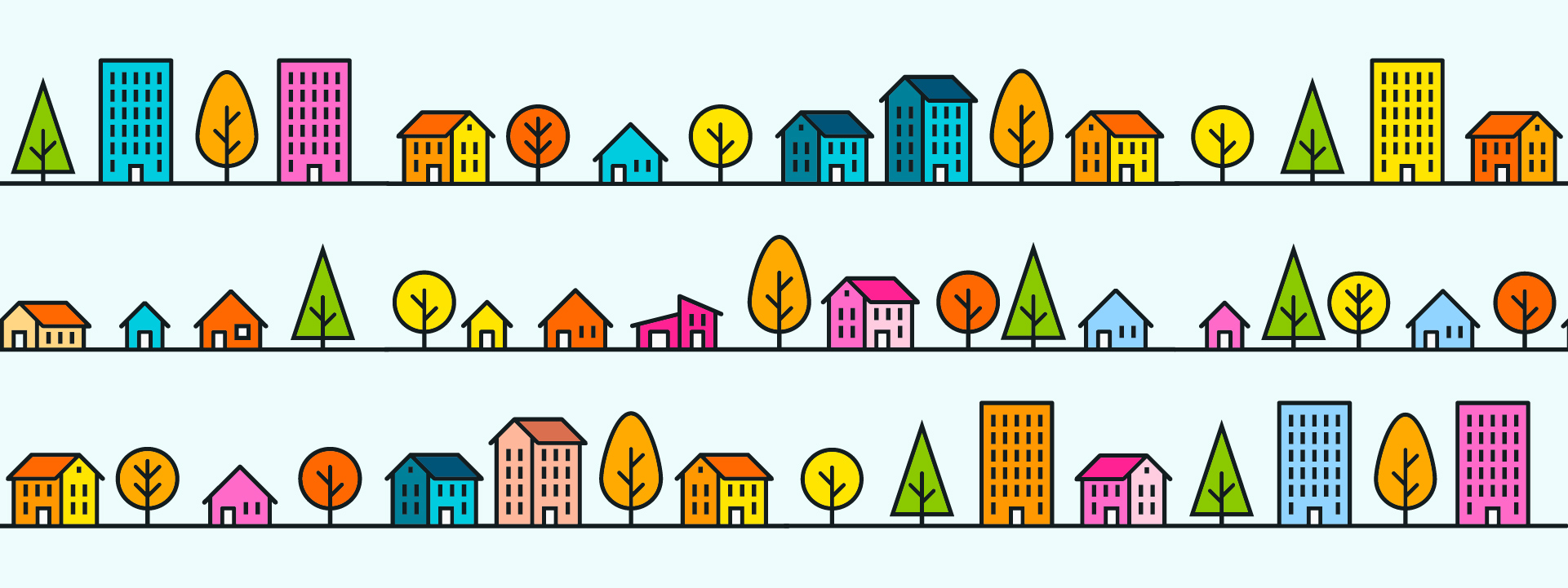 Colorful digital illustration of houses, trees, and buildings 