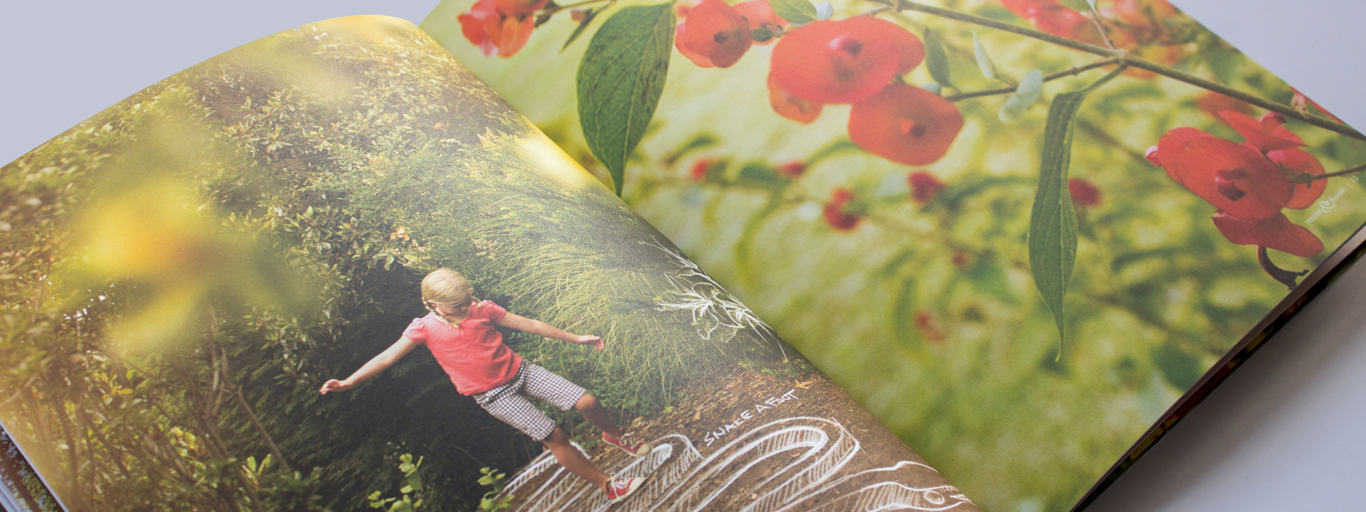 Two-page spread showing photography from the Atlanta botanical garden