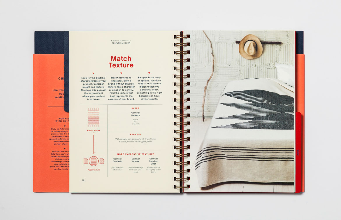 the makers field guide open to an inner page with a print demonstration