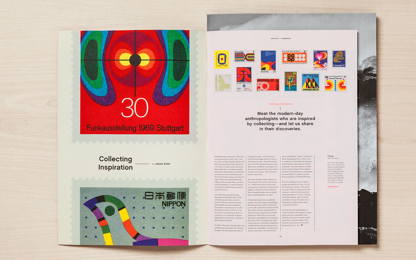 View from above of two-page spread desigend around the concept of stamp collecting