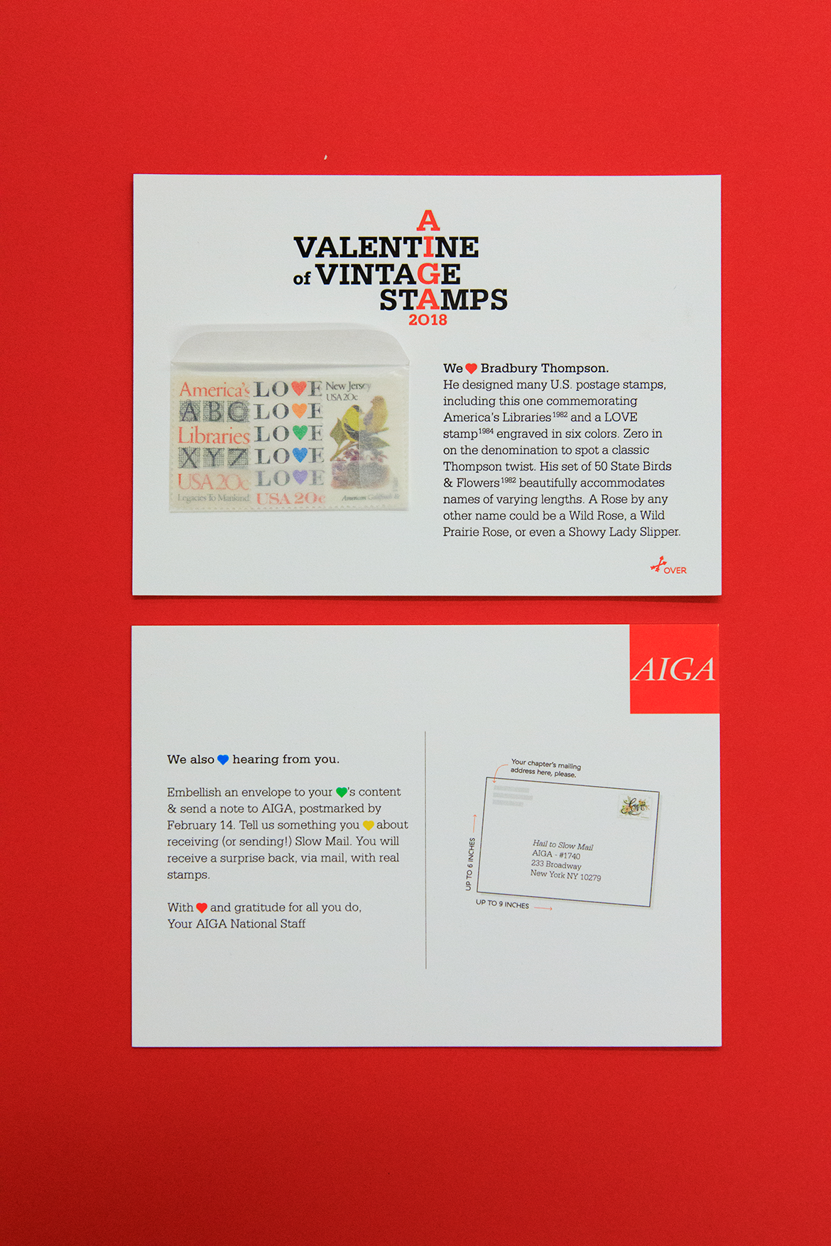 Front and back views of the mailing on a red background