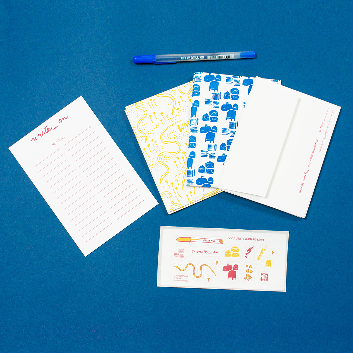 Write on supplies arranged on a blue background