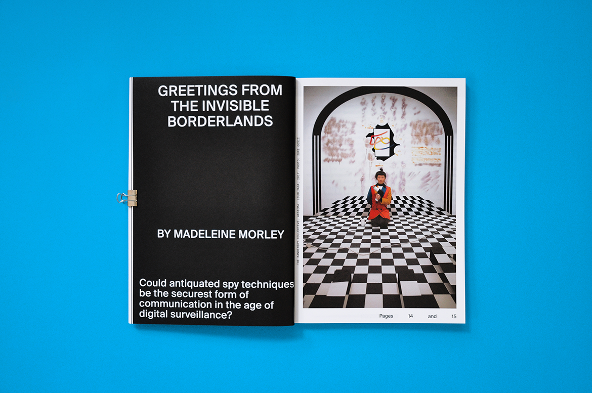 Open booklet showing Greetings from the Invisible Borderlands by Madeleine Moreley