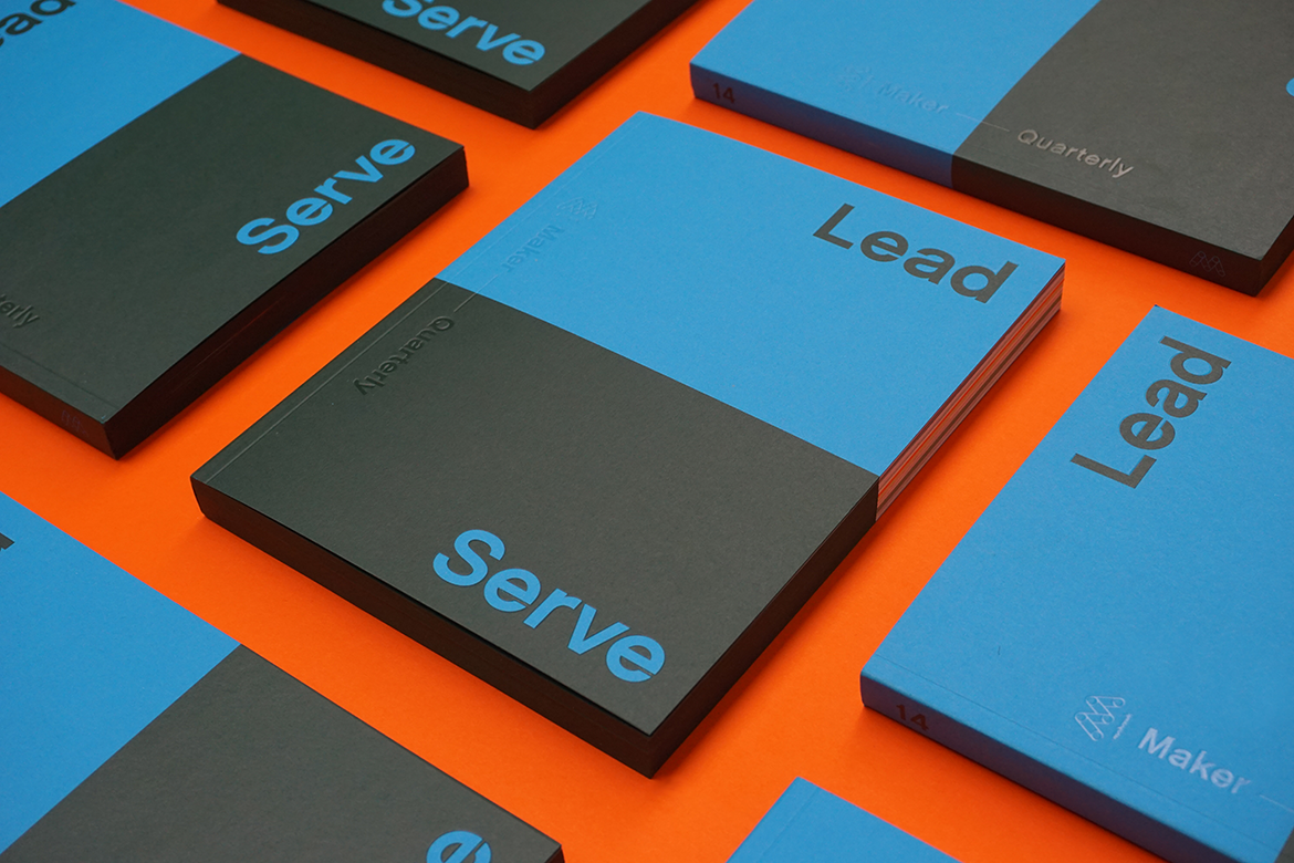 Lead and Serve books arranged in a grid pattern on orange