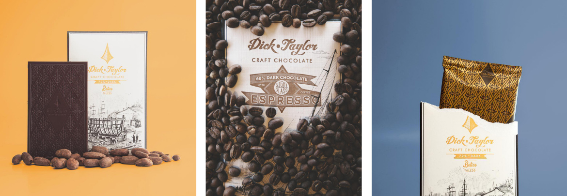Three product photos from Dick Taylor Chocolate of chocolate bars on colored backgrounds