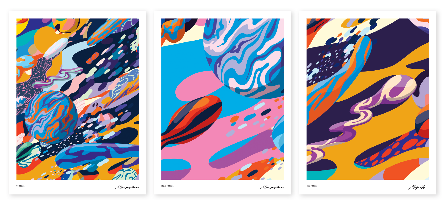 Three Art and algorithm prints side-by-side