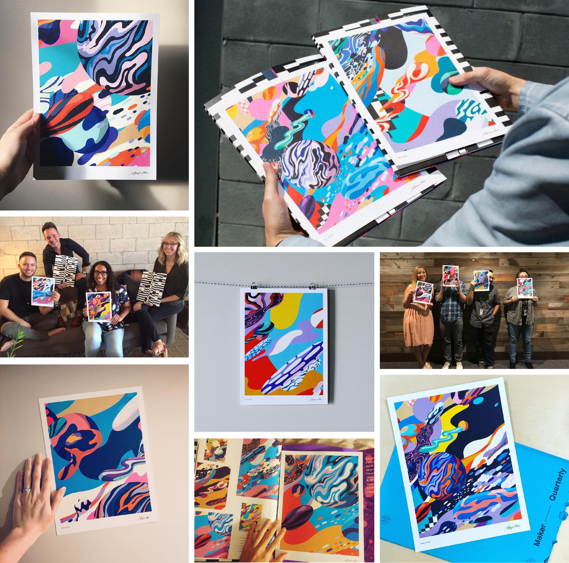 Collage of different hands holding unique Art and algorithm prints