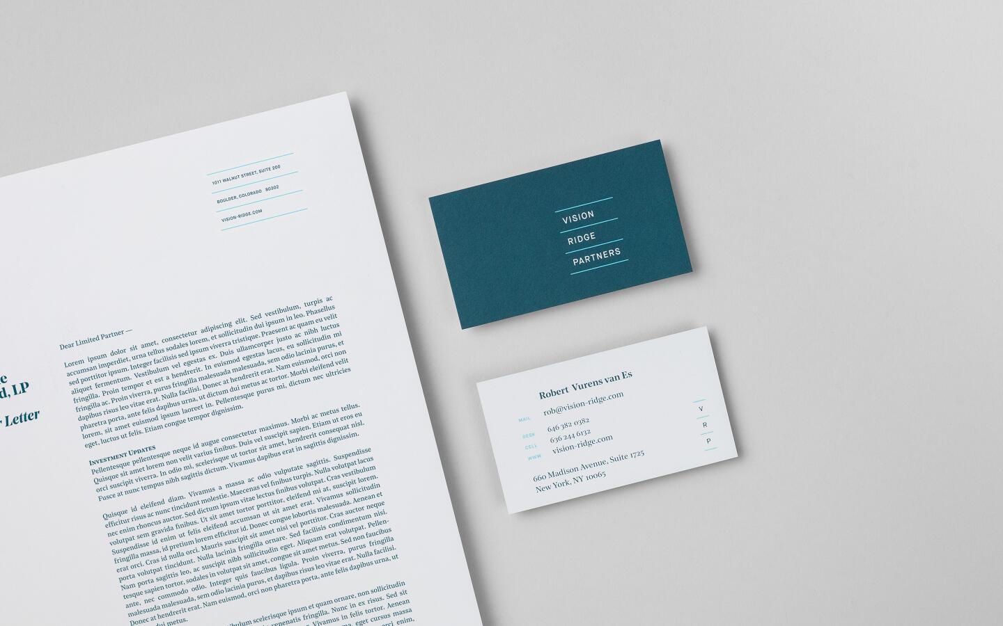 Stationery and two business cards printed with eco-friendly ink