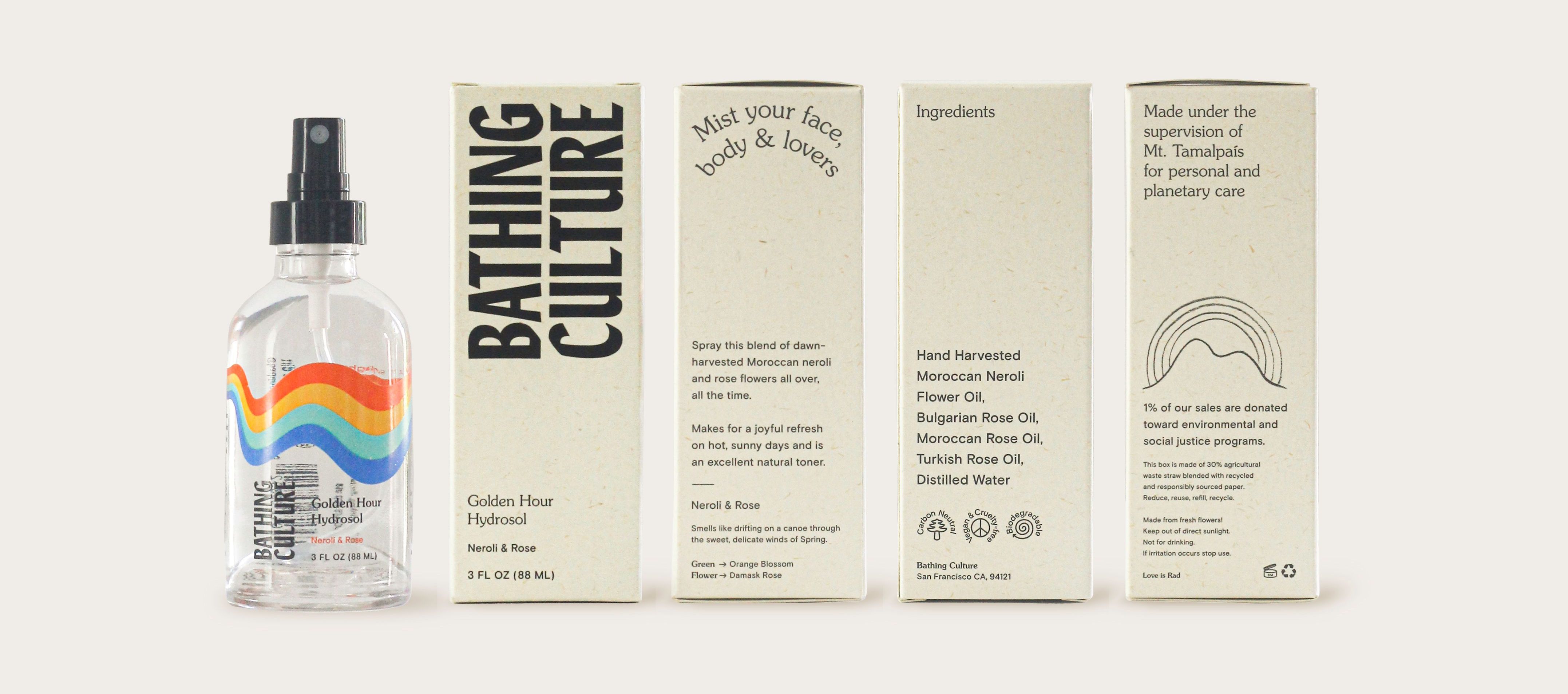 A Bathing Culture personal product next to four views of its box