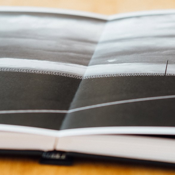 Close-up of the binding of a layflat photo book from Blurb