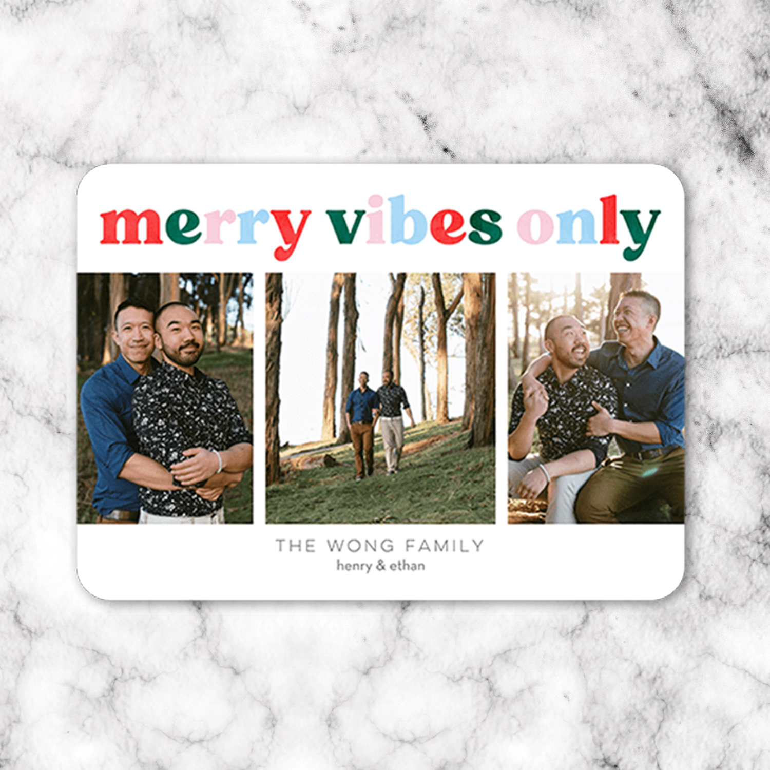 A holiday card that reads "merry vibes only"