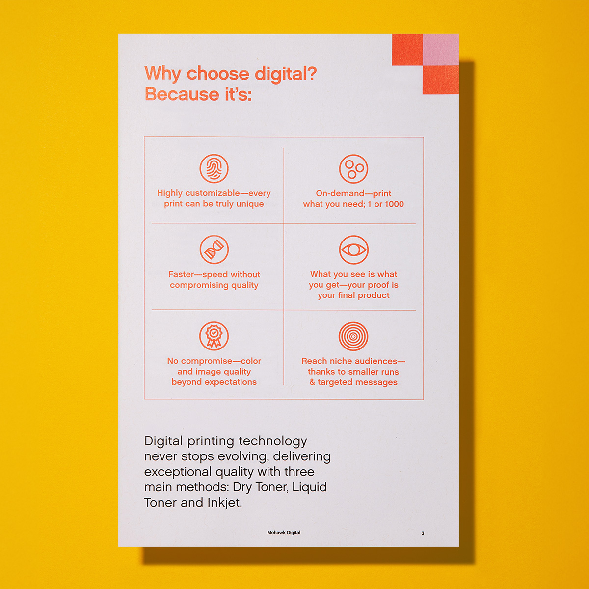Inside of swatchbook, infographic of the reasons to choose digital printing