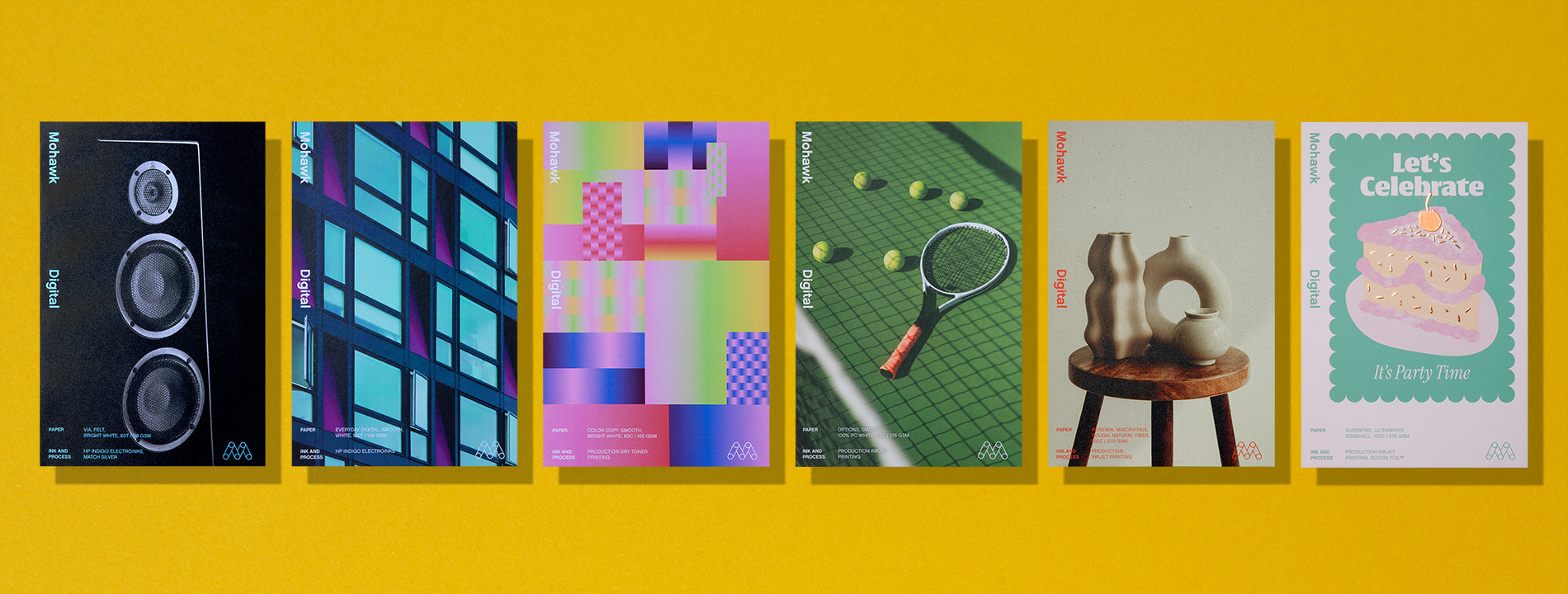 six digitally printed samples laid in a row