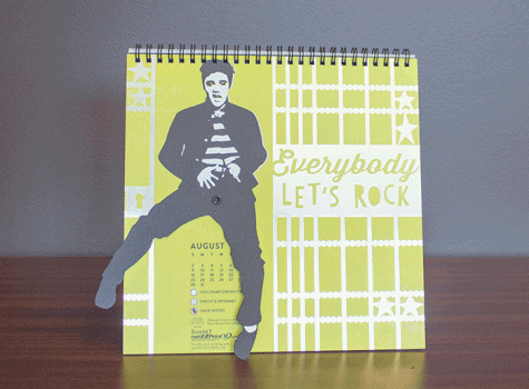 Gif of the Sunset calendar with Elvis' paper legs moving back adn forth