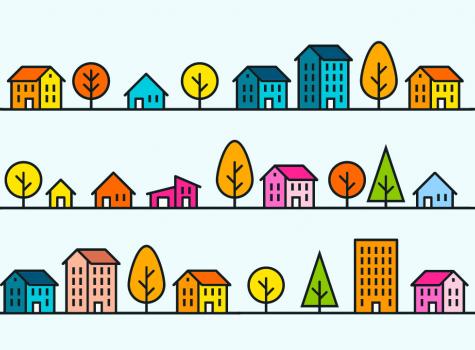Colorful digital illustration of houses, trees, and buildings 