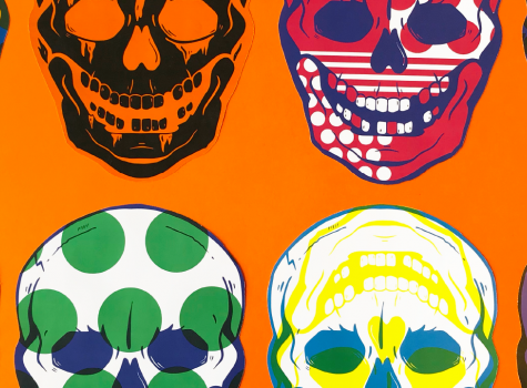Colorful skulls on an orange background