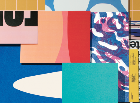 Assortment of printed materials arranged in a geometric pattern